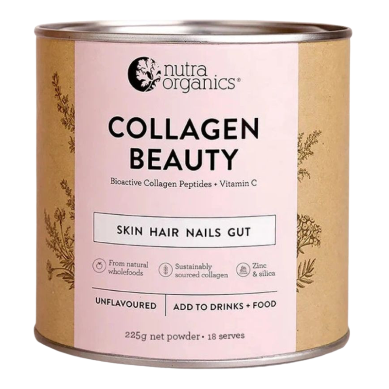 A cylindrical metal tin of Nutra Organics Collagen Beauty powder, featuring a light pink label on a brown kraft-paper style background with botanical illustrations.