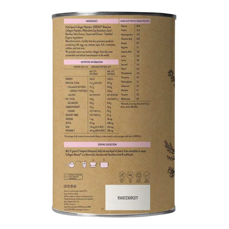 Nutra Organics Collagen Beauty with Verisol Vitamin C Unflavoured 450g pack