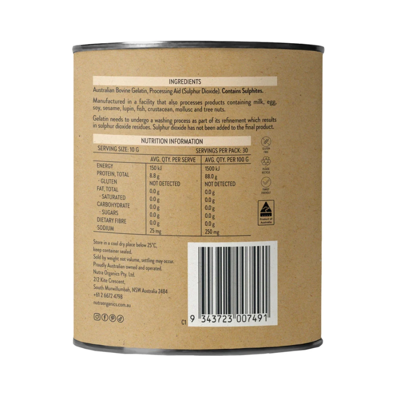 Nutra Organics Natural Gelatin Gut WellbeingUnflavoured 300g Powder