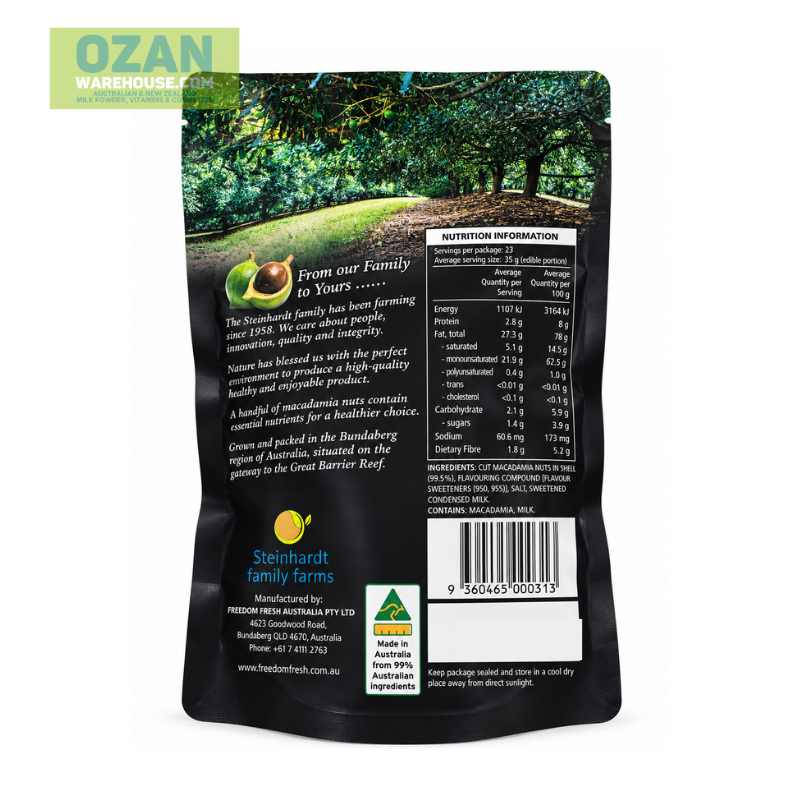 The Original Golden Crunch Coconut Pandan Australian Macadamias 225g packaging details