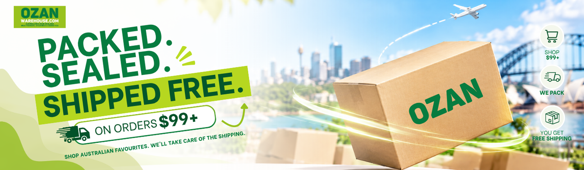 OZAN Australia free shipping banner for orders $99+ featuring a shipped cardboard box and Australian delivery service