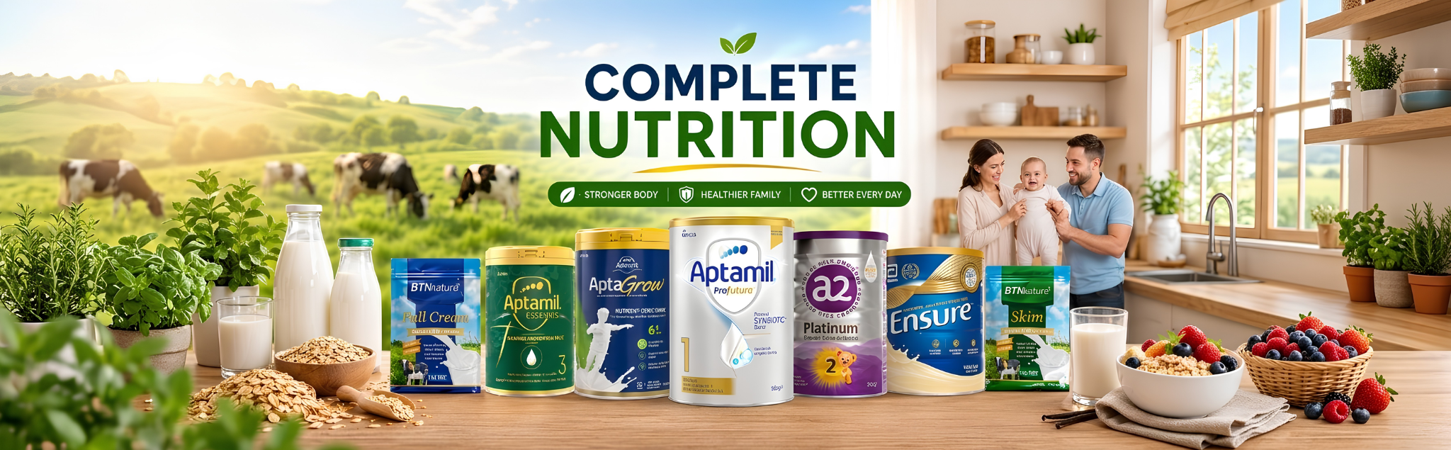 Display of Aptamil baby formula products with a family in a kitchen setting, labeled 'Complete Nutrition'.