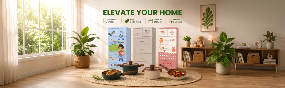 Living room with plants, furniture, and a 'Elevate Your Home' banner.