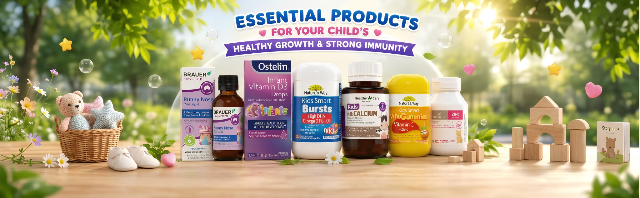 Supplement products for children on a wooden table with a natural background