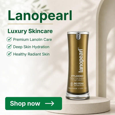 Lanopearl Applebond Eye Treatment bottle displayed on a round pedestal with promotional text on a light beige background.