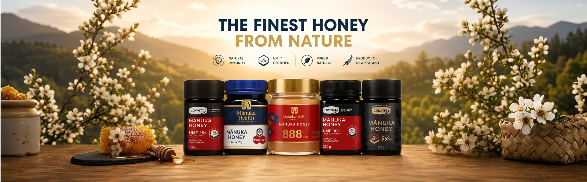 Honey products on a wooden table with nature background