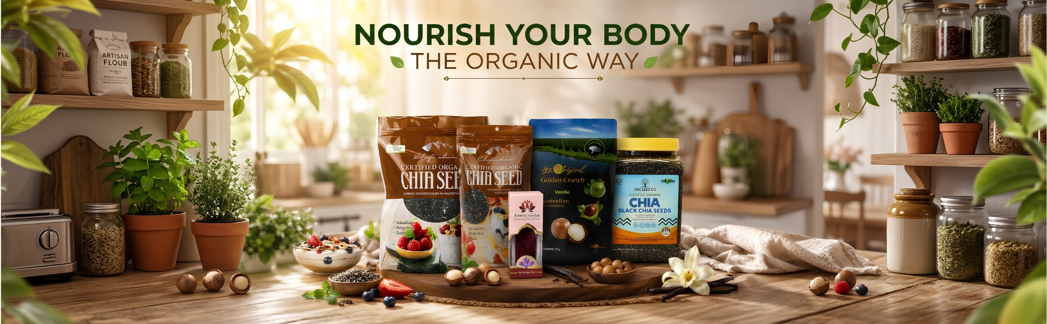 Organic food products on a wooden table with plants and shelves in the background.