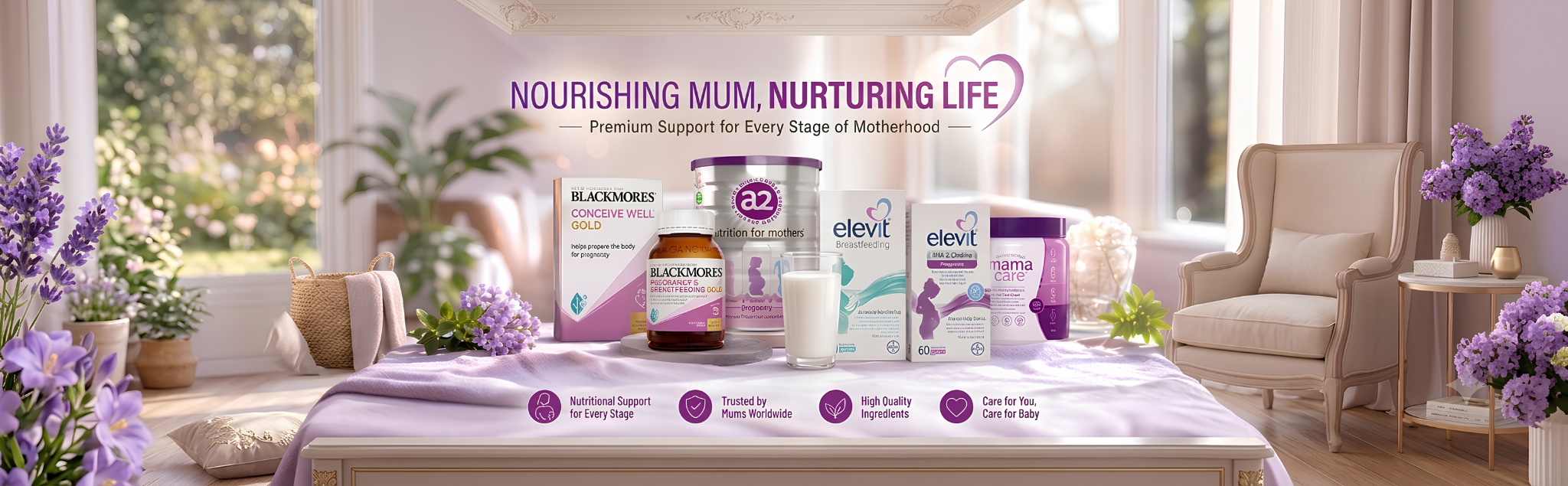 Advertisement for maternal health products with a living room setting and lavender flowers.