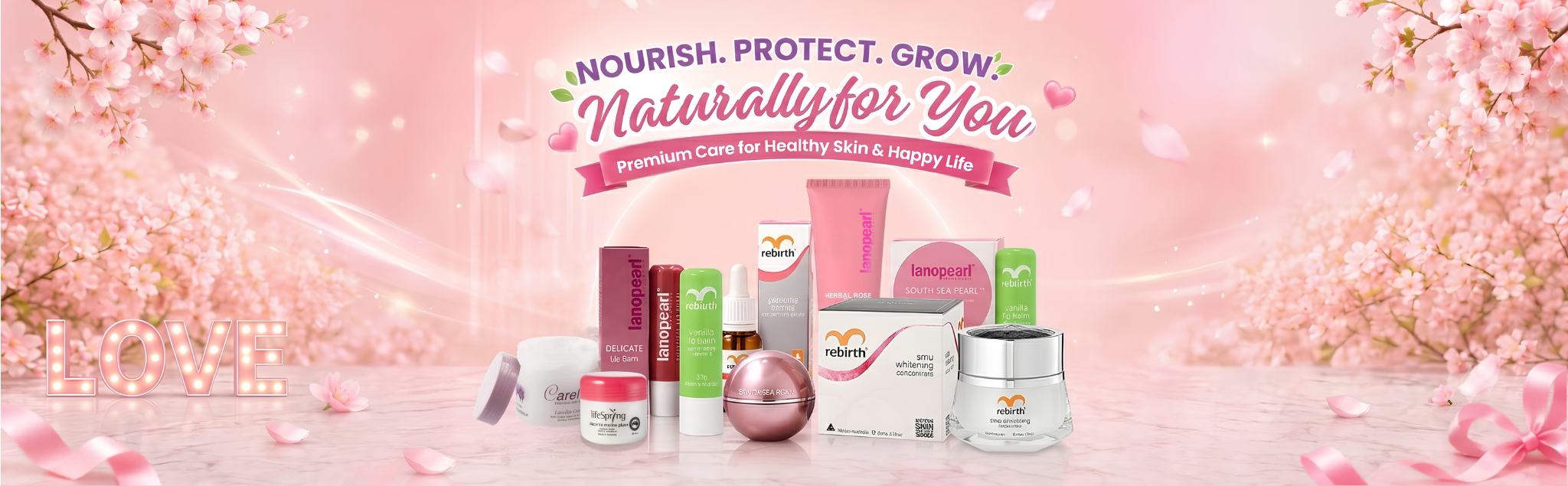 Cosmetic products on a pink floral background with 'Nourish. Protect. Grow.' text.
