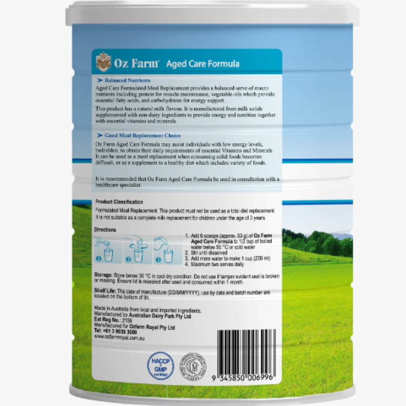 OzFarm Aged Care Formula 900g nutritional powder drink for adults with vanilla flavour