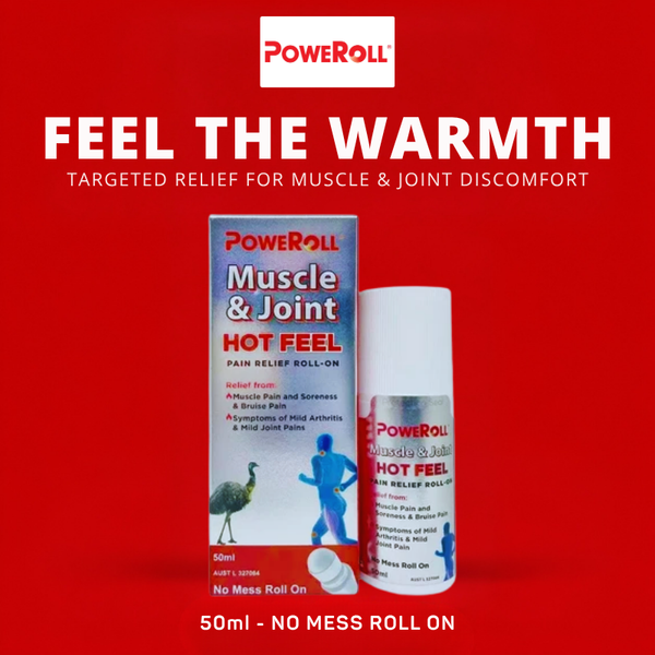 Poweroll Muscle and Joint Hot Feel Pain Relief Roll-On 50ml from Australia, warming roll-on product for muscle and joint discomfort.