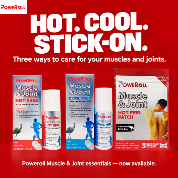 PowerRoll Muscle & Joint hot feel essentials product lineup on a solid red background. The products include Muscle & Joint Hot Feel pain relief patches, Muscle & Joint Cool Feel pain relief patches, and Muscle & Joint Hot Feel body patches.