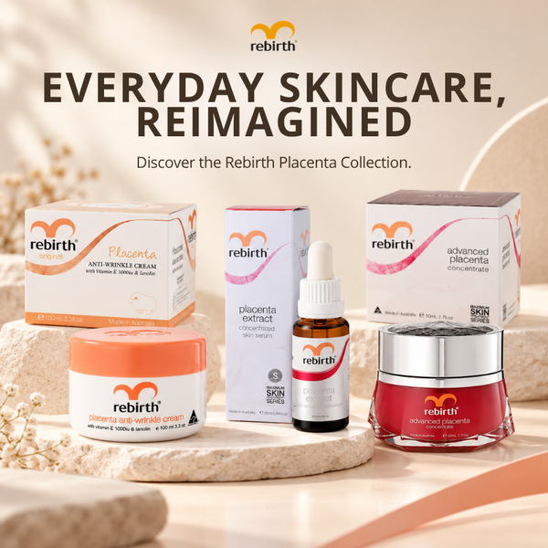 Rebirth Placenta skincare collection featuring Anti-Wrinkle Cream 100ml, Placenta Extract Serum 25ml and Advanced Placenta Concentrate 50ml.