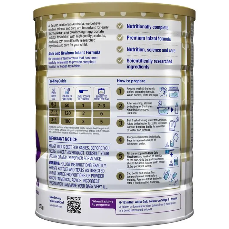 S26 Alula Gold Stage 1 900g premium infant formula powder for babies from birth to 6 months