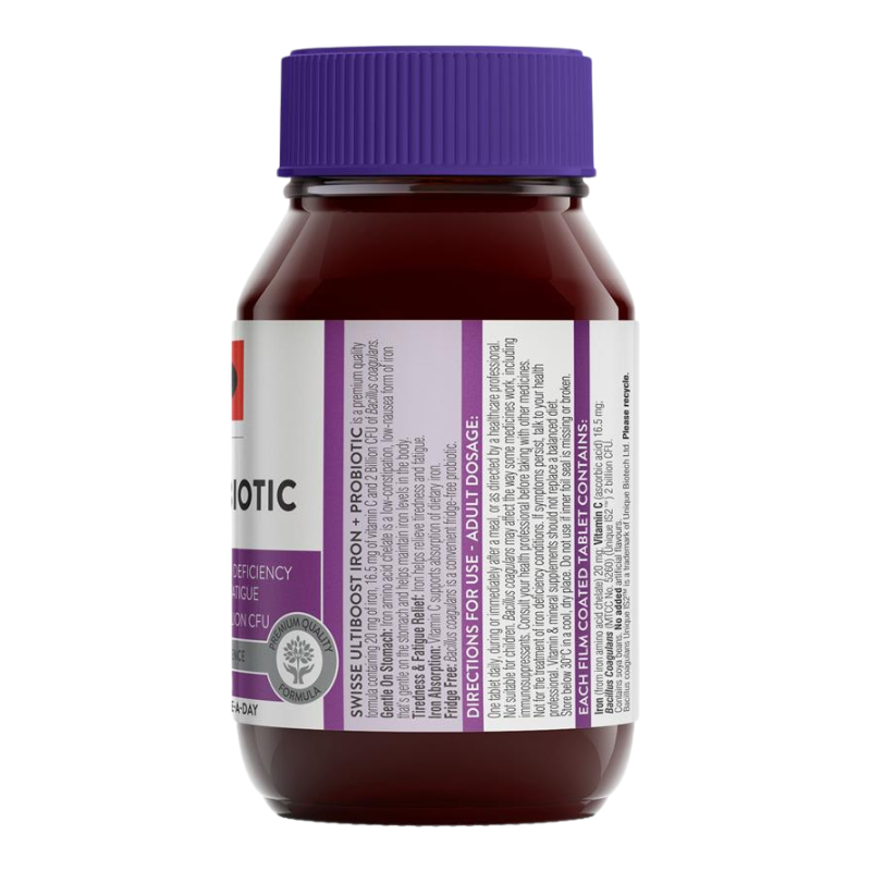 A bottle of Swiss Miss Probiotic supplement with a purple cap and a white and purple label, shown on a plain white background.