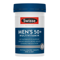 A white plastic bottle of Swisse Ultivite Men's 50+ Multivitamin with a dark blue cap and a blue, white, and red label, shown on a plain white background.