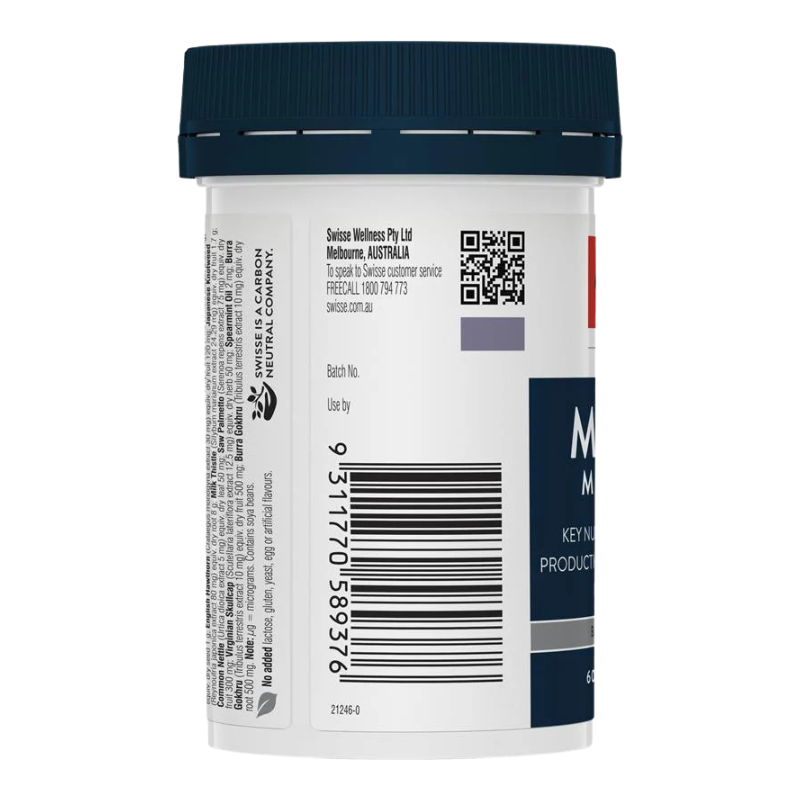 Back view of a white plastic container with a dark navy blue screw cap, showing product details, barcode, and text on a white background.