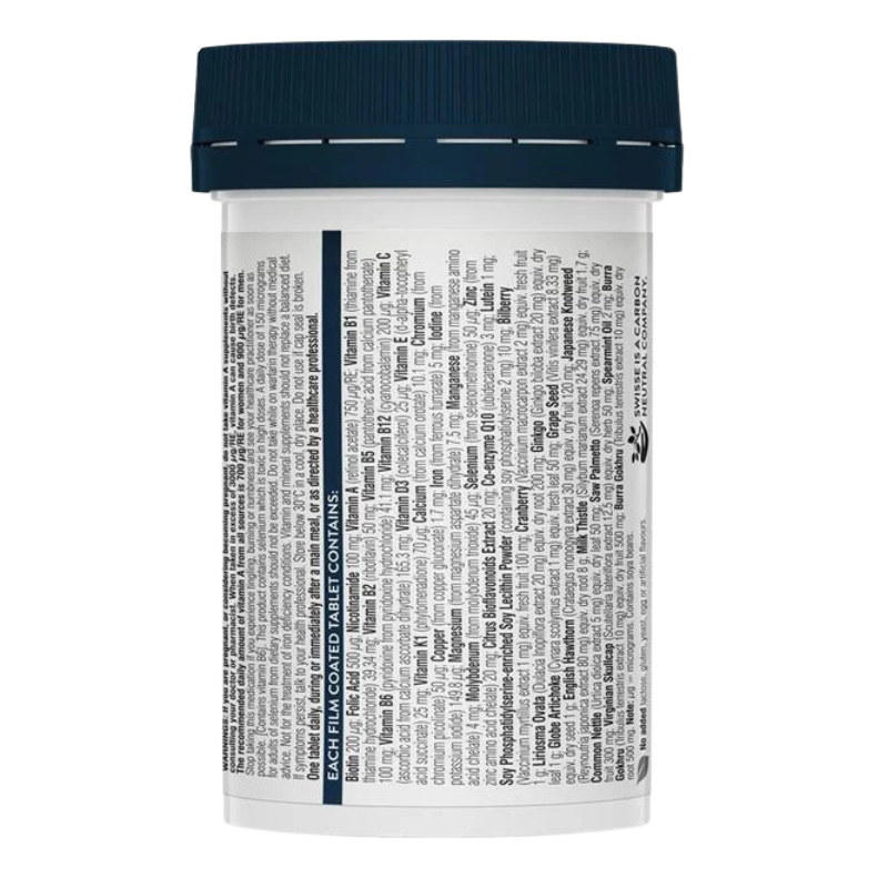 A white plastic bottle with a dark navy blue ribbed cap, showing the back label with dense black text and a vertical navy blue stripe.