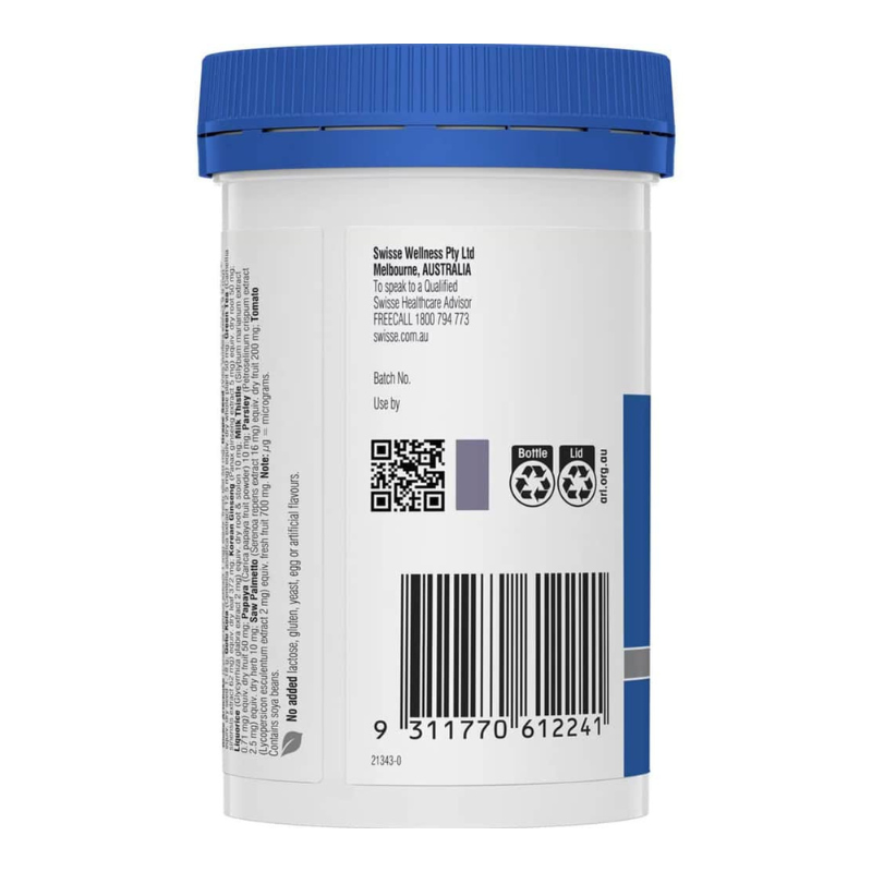 Back view of a white plastic supplement jar with a blue screw cap, showing the product label with barcode, QR code, and text for Swiss Wellness Pty Ltd.