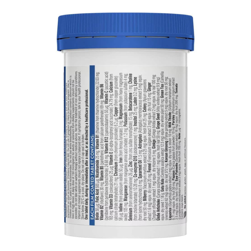 A white plastic supplement bottle with a blue ribbed cap, showing the back label with fine black text and a blue vertical accent line, on a plain white background.