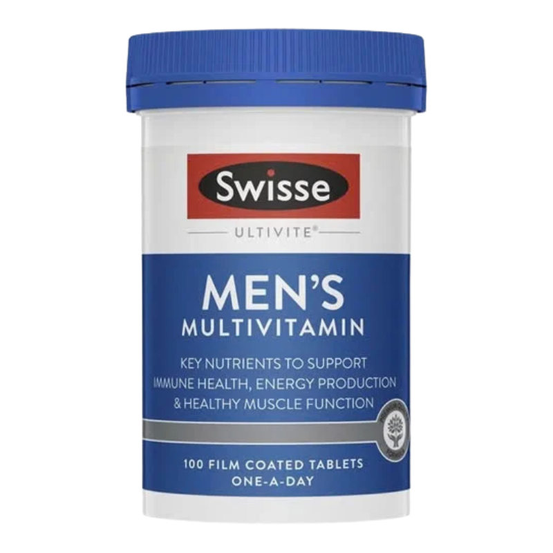 A white plastic bottle of Swisse Ultivite Men's Multivitamin with a blue screw cap, shown on a plain white background.