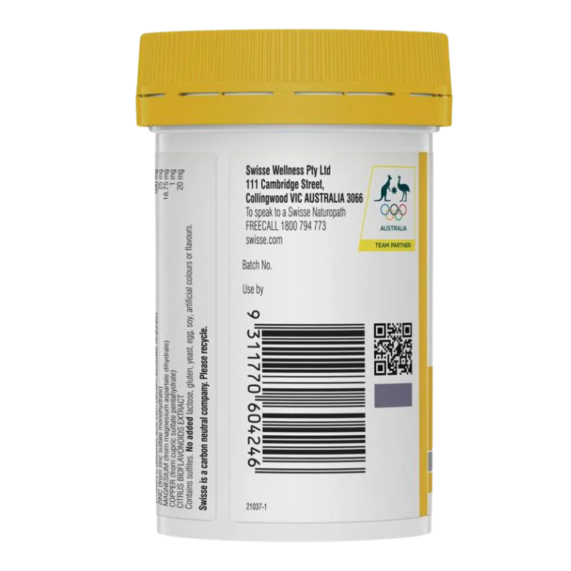 The back of a white plastic supplement bottle with a yellow cap, showing printed company details, a barcode, and a small Australian Olympic logo on a white background.