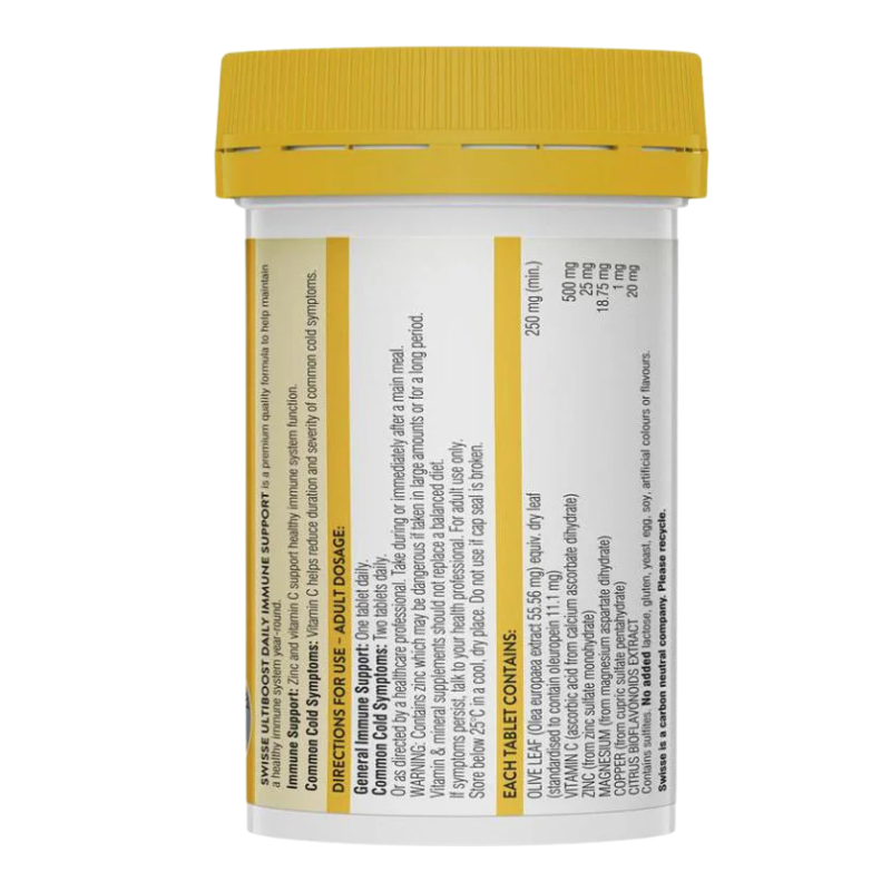 A white plastic pill bottle with a bright yellow cap, showing the back label with text and yellow vertical bands on a white background.
