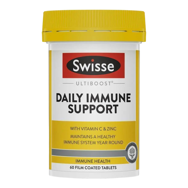 A white plastic bottle of Swisse Ultiboost Daily Immune Support with a bright yellow cap and a yellow, white, and red label, shown on a plain white background.