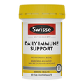 A white plastic bottle of Swisse Ultiboost Daily Immune Support with a bright yellow cap and a yellow, white, and red label, shown on a plain white background.