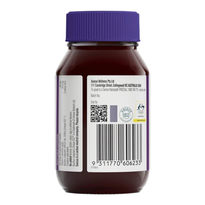 Swisse Ultiboost Iron + Probiotic back label with manufacturer info, batch number and barcode