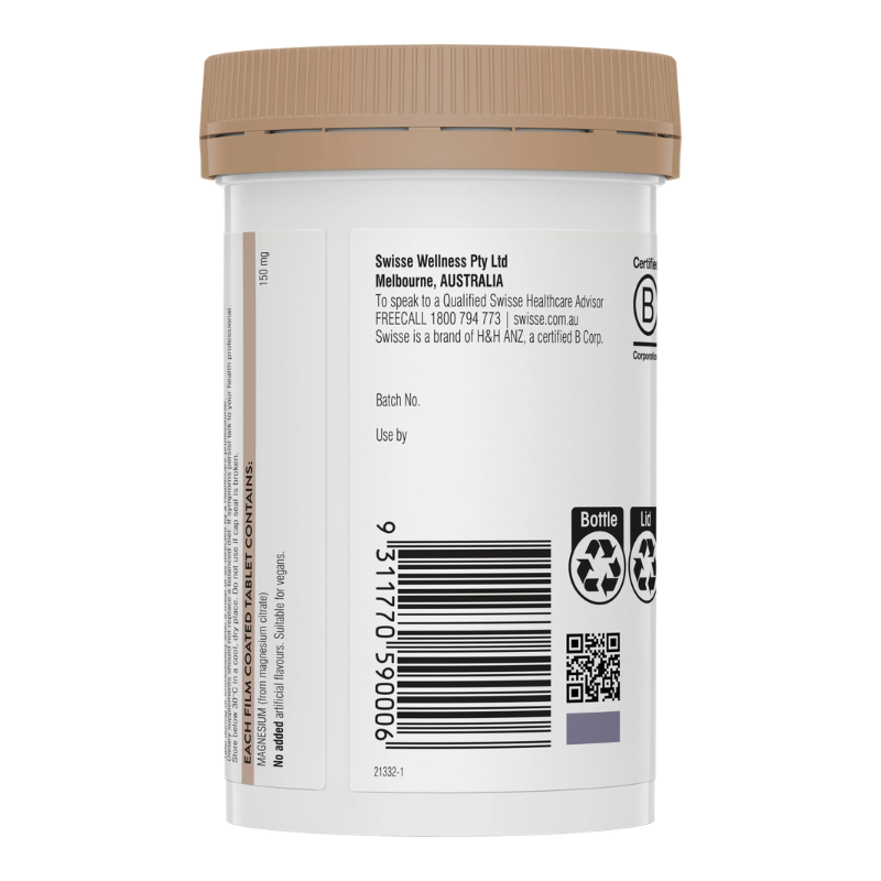 Back view of a white plastic supplement bottle with a tan ribbed cap, showing printed text, a barcode, and certification icons on a white background.