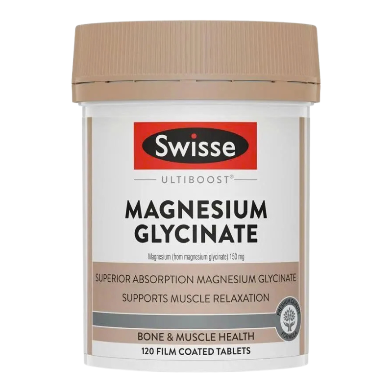 A white plastic bottle of Swisse Ultiboost Magnesium Glycinate with a beige cap, shown on a plain white background.