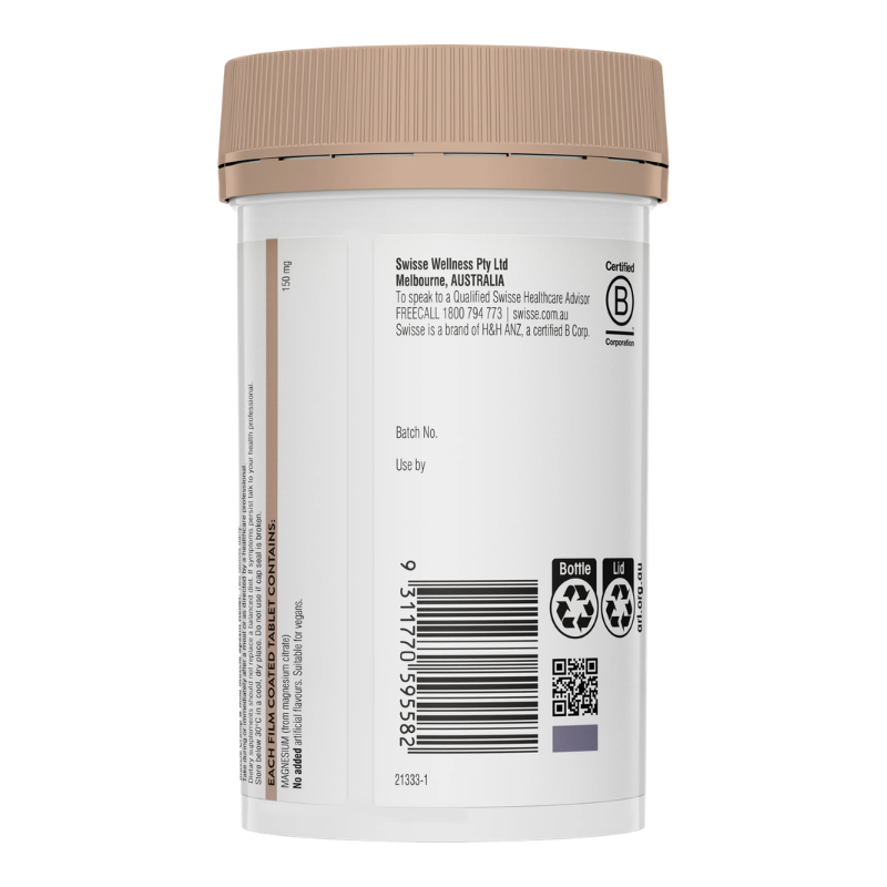 Back view of a white plastic supplement bottle with a beige ribbed cap, showing product details, a barcode, and certification logos on a white background.