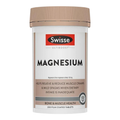 A white plastic bottle of Swisse Ultiboost Magnesium supplement with a beige cap, on a plain white background.