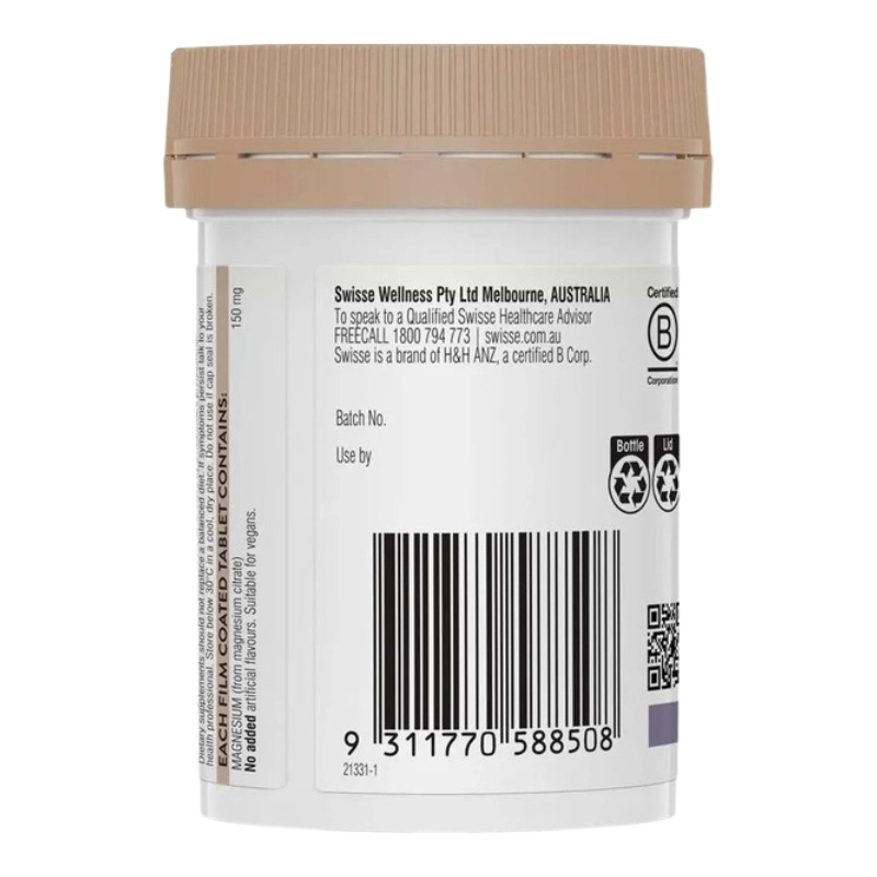 Back view of a white plastic blister pack container for Swiss Life Wellness, featuring a tan ribbed cap, a barcode, and product information text on a white background.