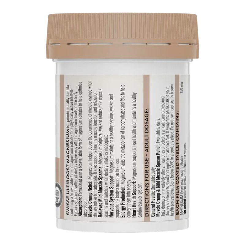A white plastic bottle of Swisse Ultroboost Magnesium with a beige ribbed cap, shown on a plain white background.