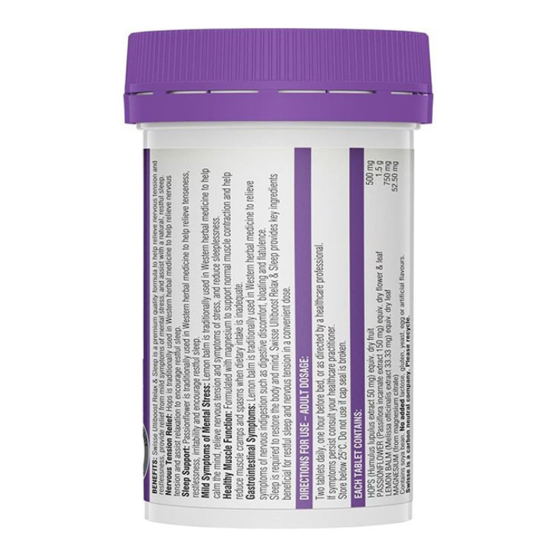 Swisse Ultiboost Relax & Sleep back label showing benefits, nervous tension relief, sleep support, directions for use and adult dosage, each tablet contains Hops 500mg, Passionflower 1.5g, Lemon Balm 750mg extract