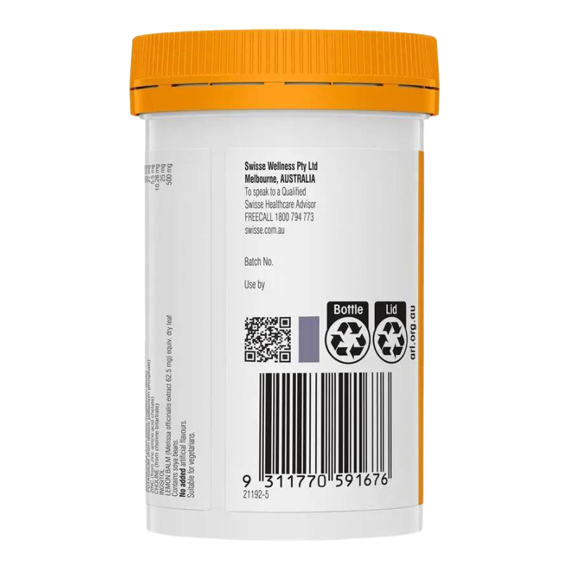 A white plastic supplement bottle with a bright orange cap, showing the back label with text, a barcode, and recycling symbols on a white background.