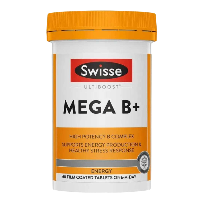 A white plastic bottle of Swisse Ultiboost Mega B+ dietary supplement with a bright orange cap and orange label accents, shown on a plain white background.