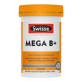 A white plastic bottle of Swisse Ultiboost Mega B+ dietary supplement with a bright orange cap and orange label accents, shown on a plain white background.