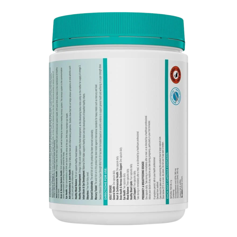 A white plastic supplement tub with a teal-green screw cap, showing the back label with text and certification logos on a white background.
