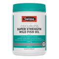 A white plastic bottle of Swisse Ultiboost Odourless Super Strength Wild Fish Oil with a teal cap and teal accents on the label, containing 230 soft capsules.