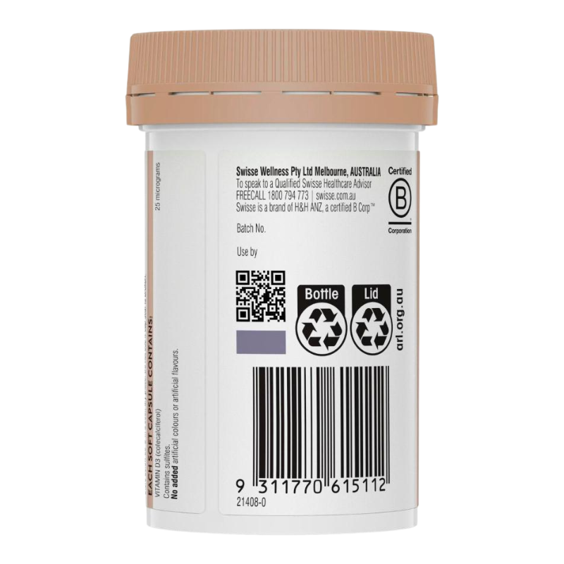 The back of a white plastic supplement bottle with a tan screw-on cap, showing product details, a barcode, and recycling symbols on a white background.