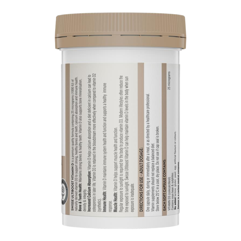 A white plastic bottle of Spivey's Vitamin D with a tan ribbed cap, shown from the back against a white background.