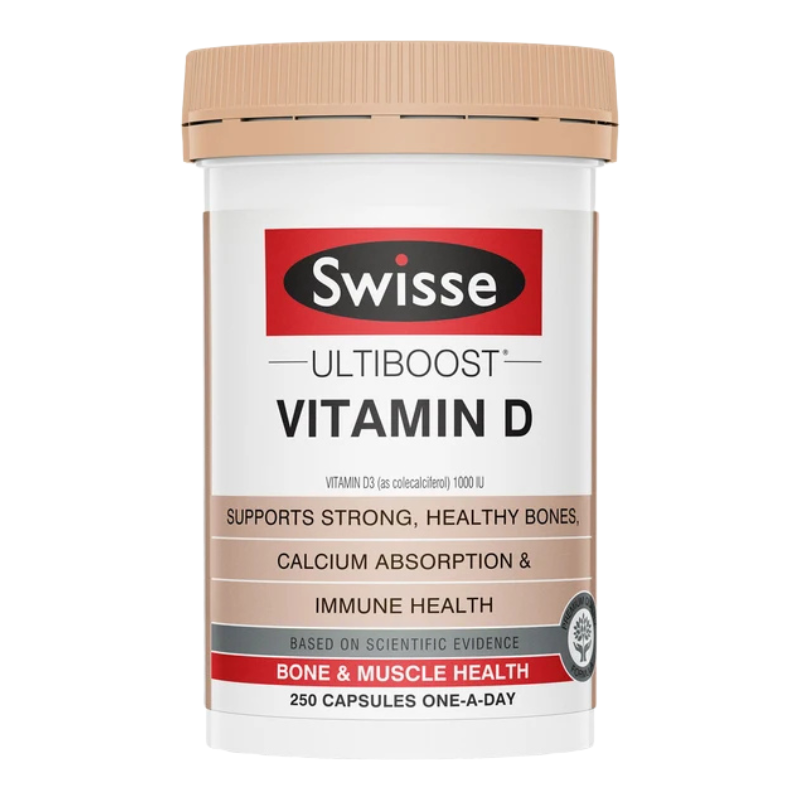 A white bottle of Swisse Ultiboost Vitamin D with a beige cap and a label featuring red, black, and beige sections.