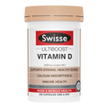 A white bottle of Swisse Ultiboost Vitamin D with a beige cap and a label featuring red, black, and beige sections.