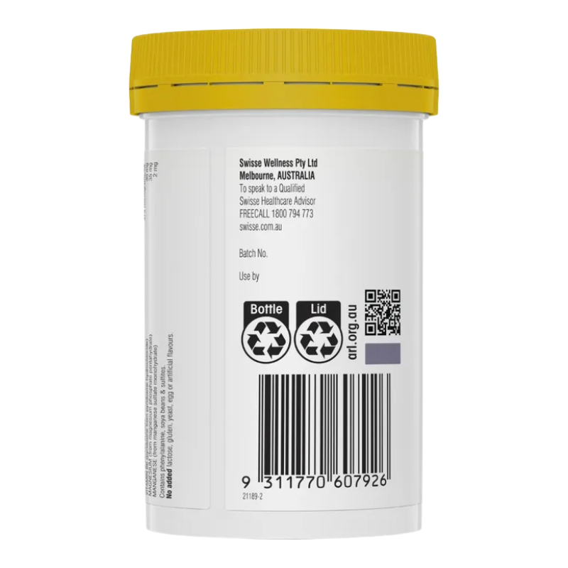 Back view of a white plastic supplement bottle with a bright yellow screw-on lid, showing printed text, recycling icons, a barcode, and a QR code on a white background.