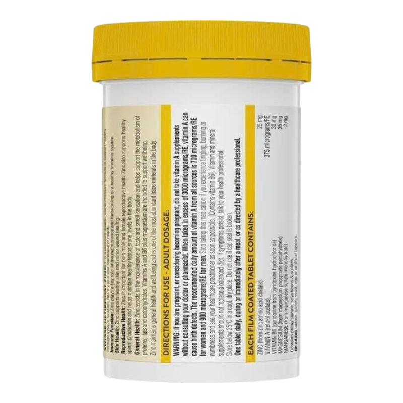 A white plastic bottle of tablets with a bright yellow ribbed cap, showing the back label with text and yellow vertical bars on a white background.