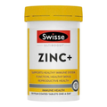 A white plastic bottle of Swisse Ultiboost Zinc+ dietary supplement with a bright yellow cap and yellow accents on the label, shown against a plain white background.