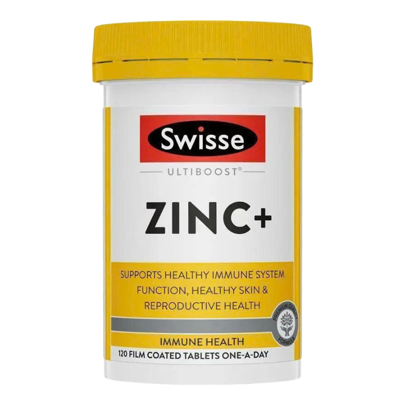 A white plastic bottle of Swisse Ultiboost Zinc+ dietary supplement with a bright yellow cap and yellow accents on the label, shown against a plain white background.